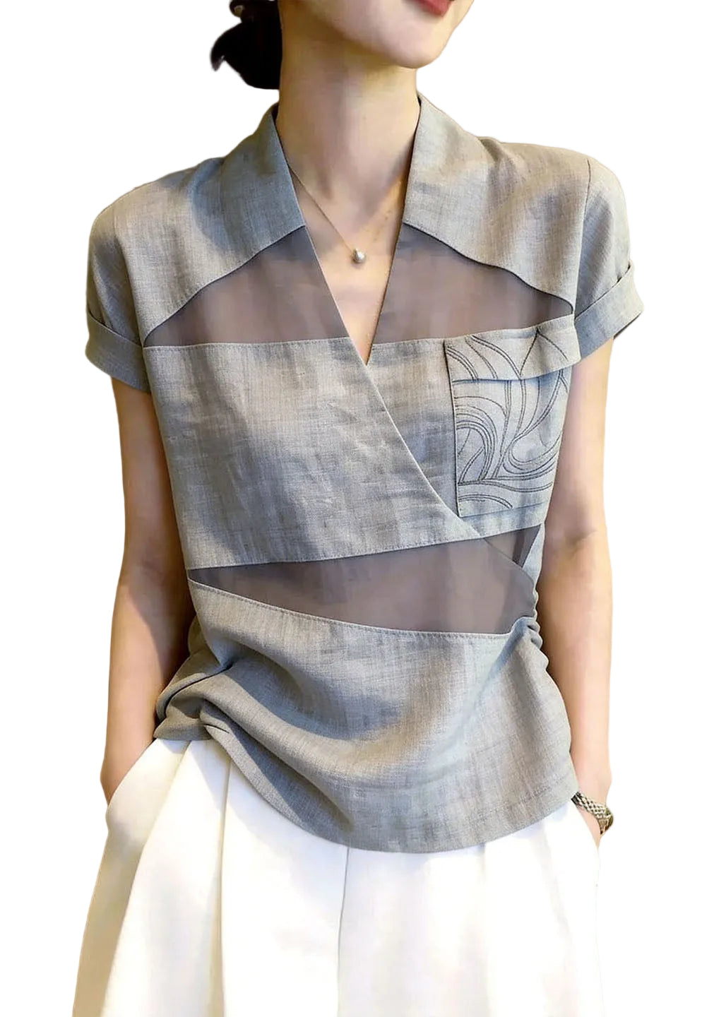 Dames Shirt V-hals Patchwork Tule Casual 0