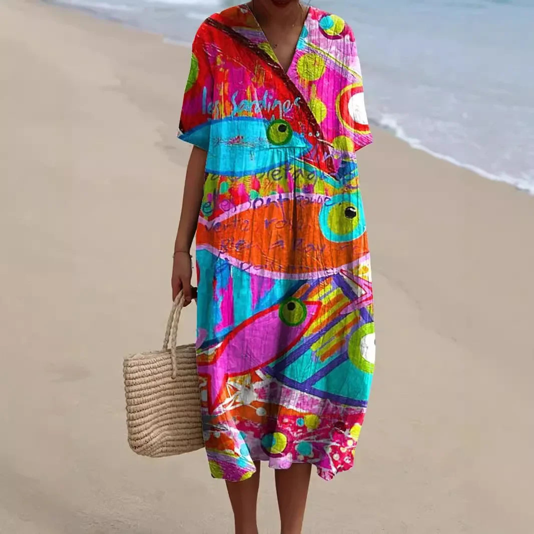 Dames Shirtjurk Korte Mouwen Plus Size Ademend Oceaanmotief Casual Zomerjurkjes 0