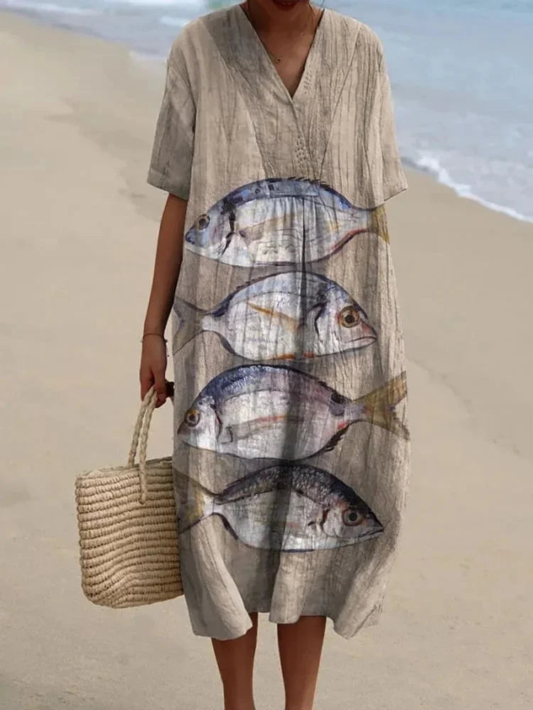 Dames Shirtjurk Korte Mouwen Plus Size Ademend Oceaanmotief Casual Zomerjurkjes 11