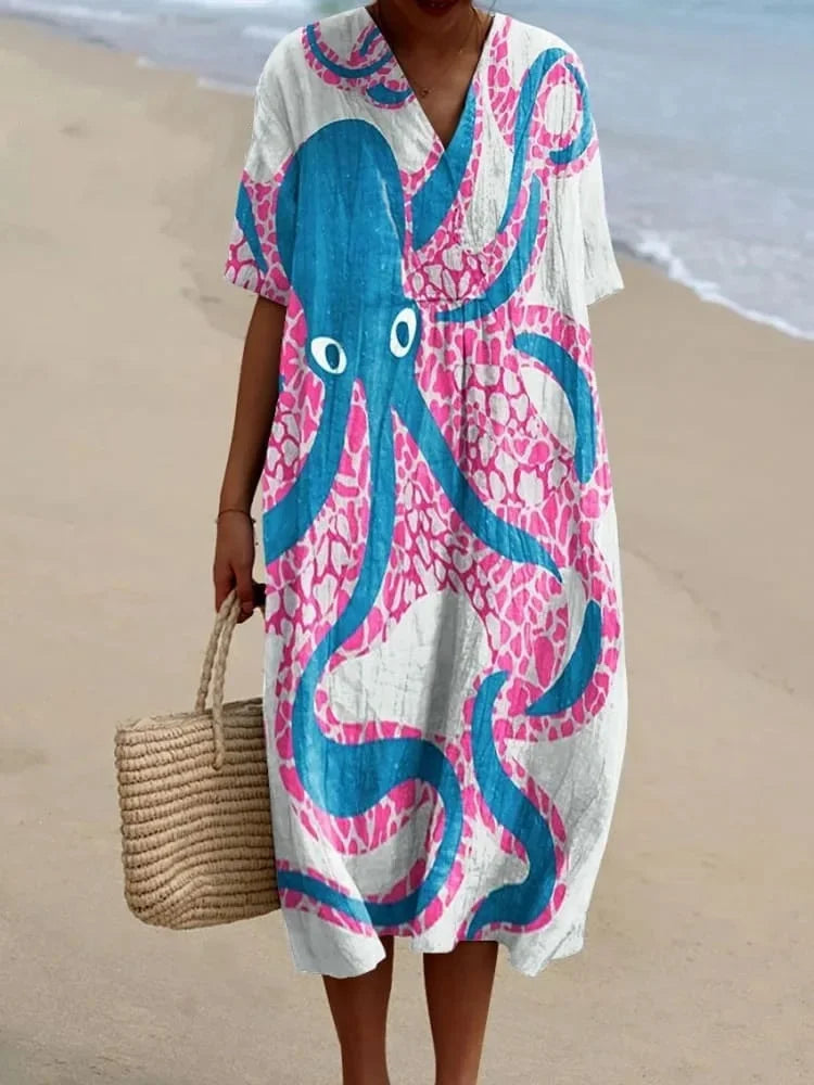 Dames Shirtjurk Korte Mouwen Plus Size Ademend Oceaanmotief Casual Zomerjurkjes 29