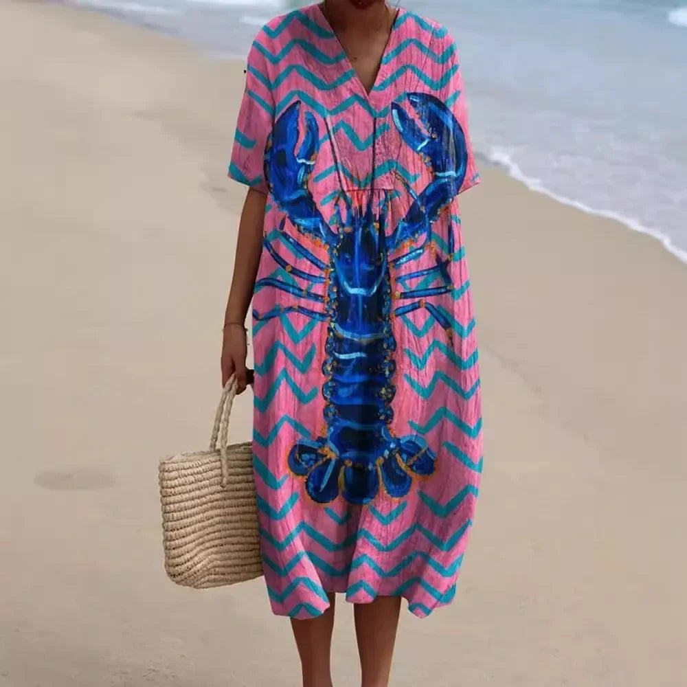 Dames Shirtjurk Korte Mouwen Plus Size Ademend Oceaanmotief Casual Zomerjurkjes 4