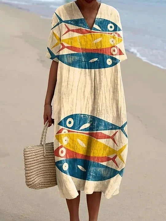 Dames Shirtjurk Korte Mouwen Plus Size Ademend Oceaanmotief Casual Zomerjurkjes 5