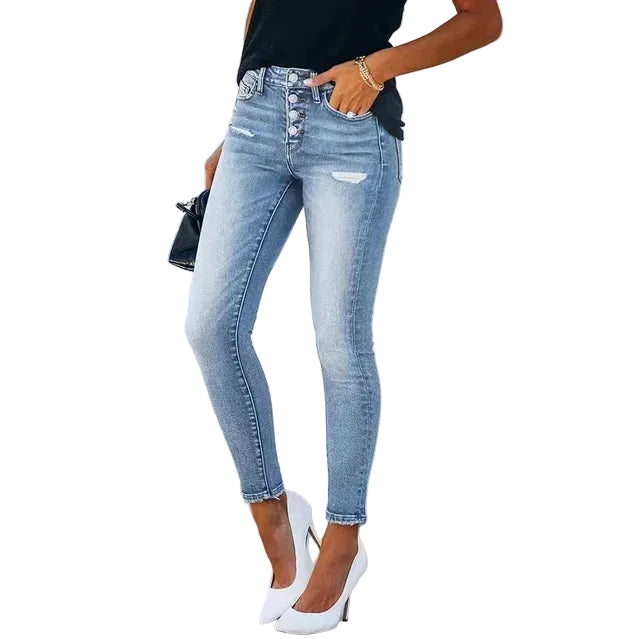 Dames Slim-Fit Denim Jeans Gescheurd 0