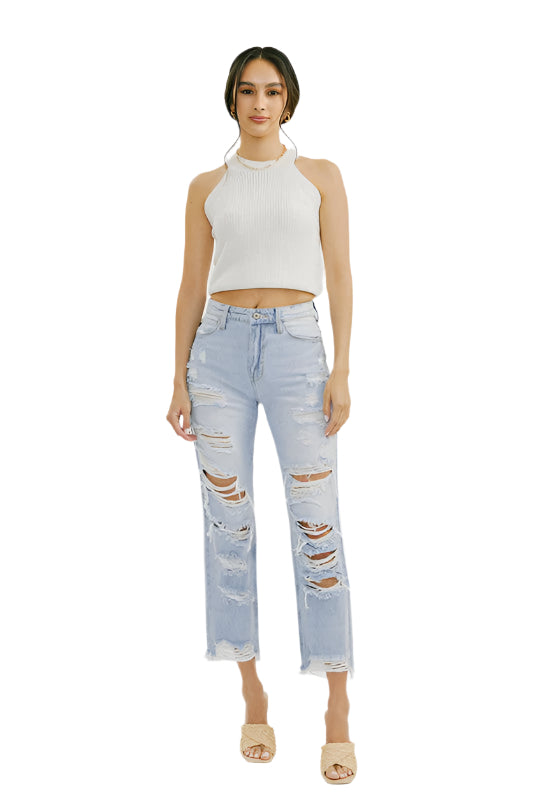 Dames Spijkerbroek Hoge Taille Distressed Denim 0