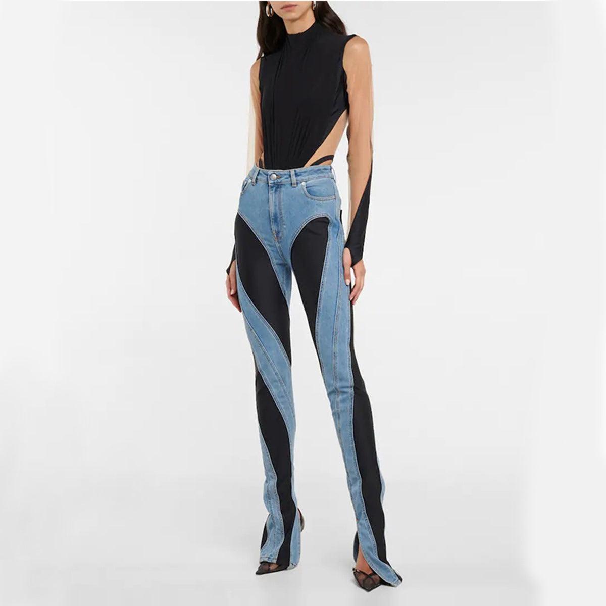 Dames Spijkerbroek Hoog Taille Micro-Stretch Denim Met Kleurblokken 1