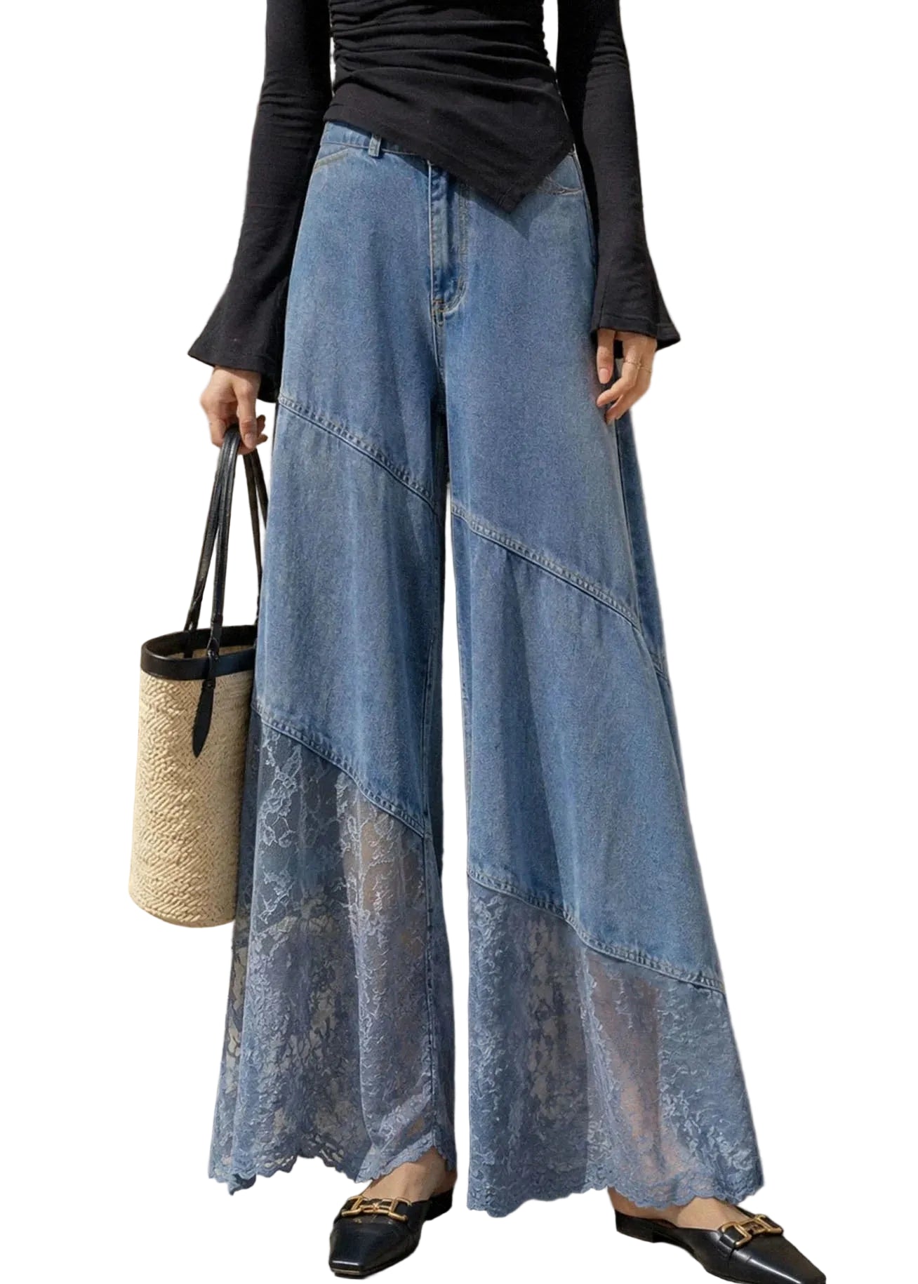 Dames Spijkerbroek Wijde Pijpen Hoge Taille Met Kanten Patchwork 0