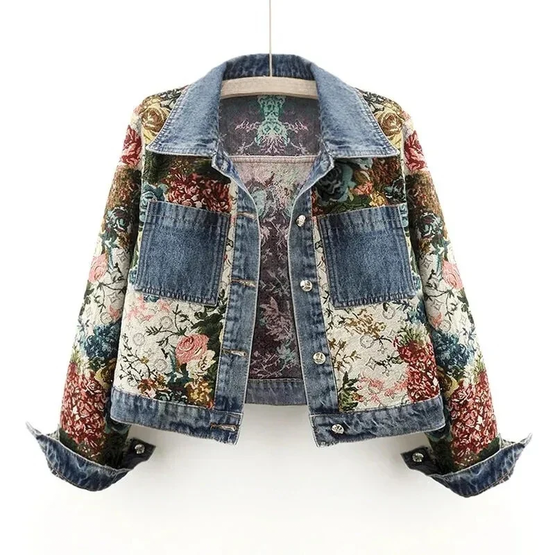 Dames Spijkerjack Bloemenprint Cropped Stijl 0