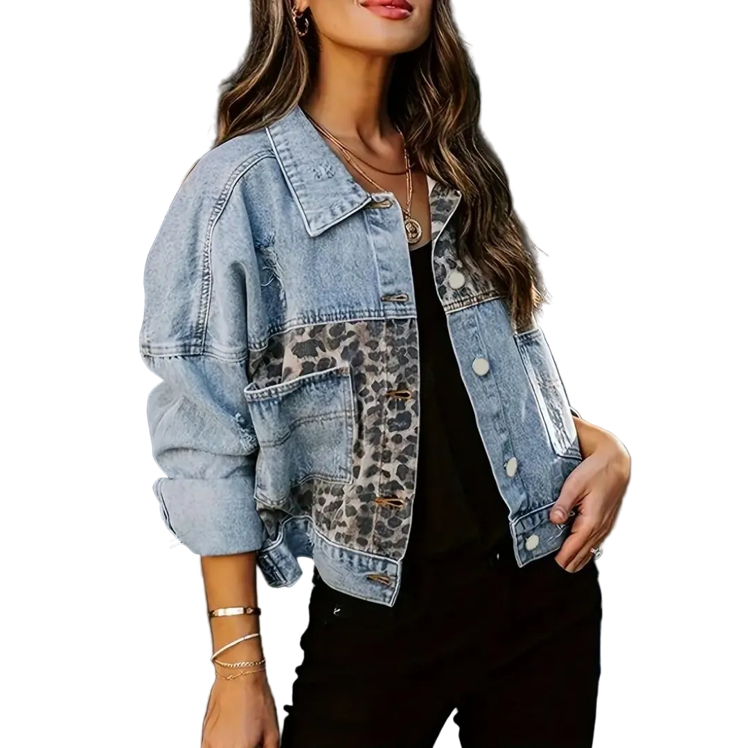 Dames Spijkerjack Oversized met Luipaardprint 0