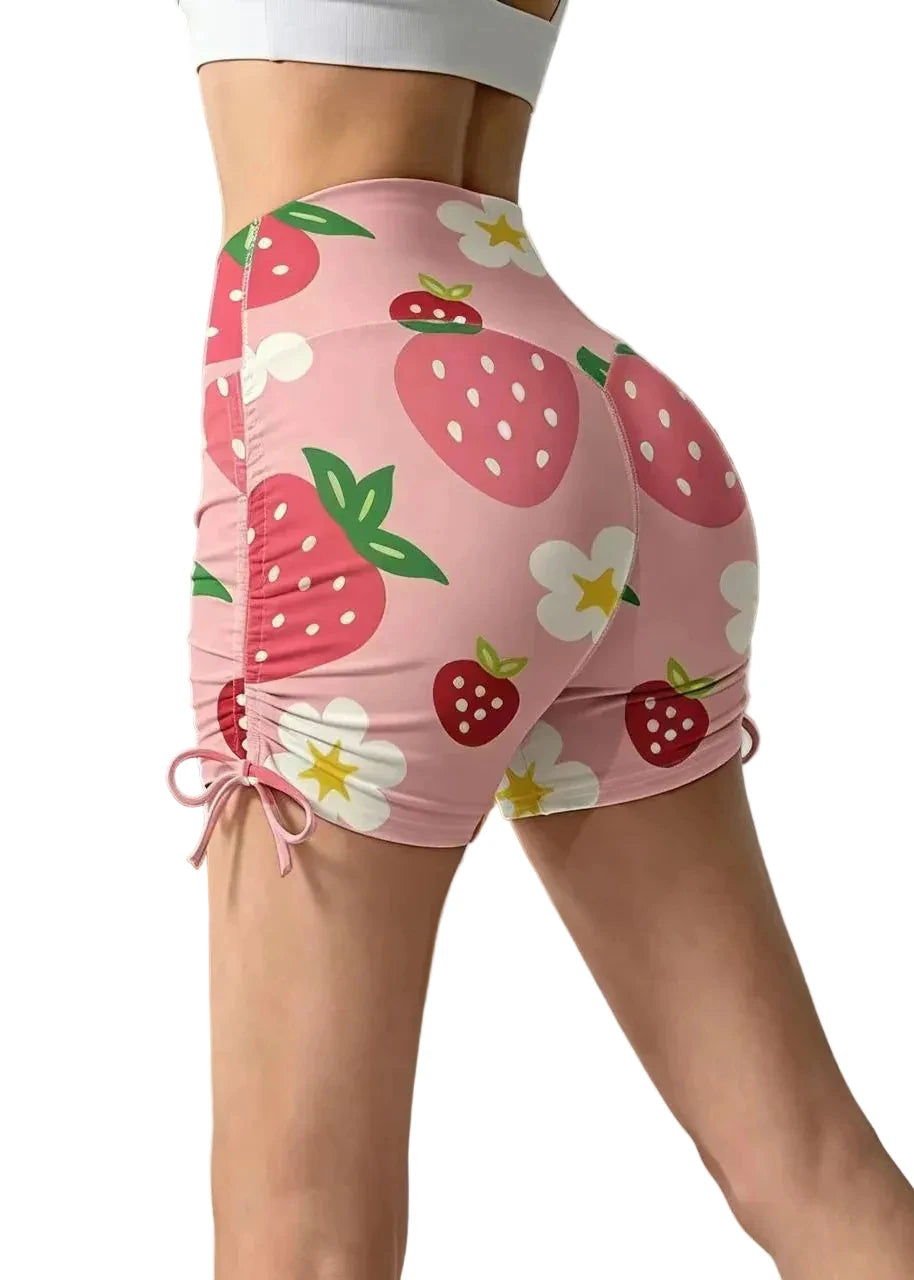 Dames Sportshorts Met Hoge Taille En Aardbeienprint 0