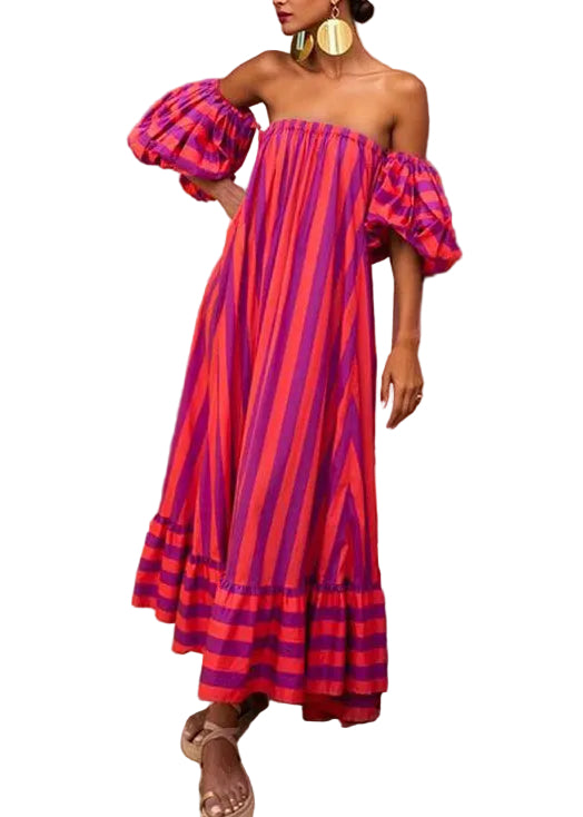 Dames Strapless Jurk Gestreept Met Pofmouwen 0
