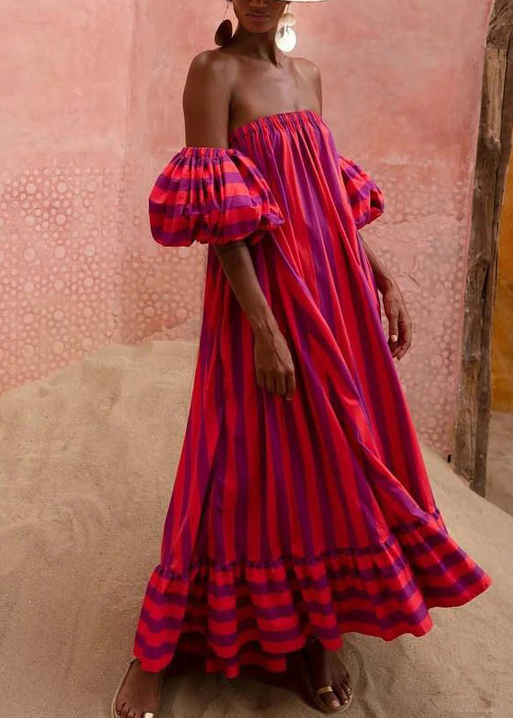 Dames Strapless Jurk Gestreept Met Pofmouwen 2