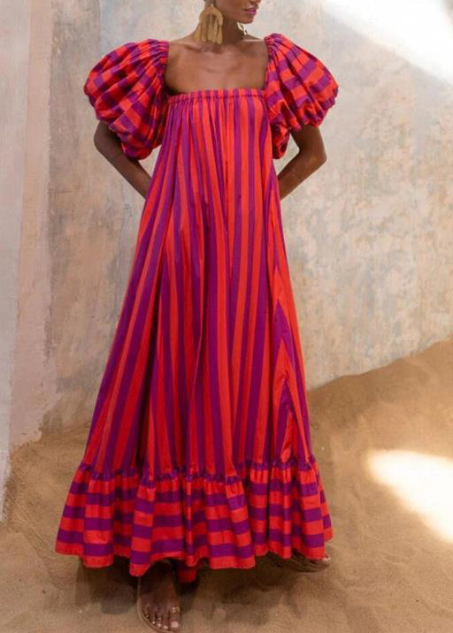 Dames Strapless Jurk Gestreept Met Pofmouwen 4