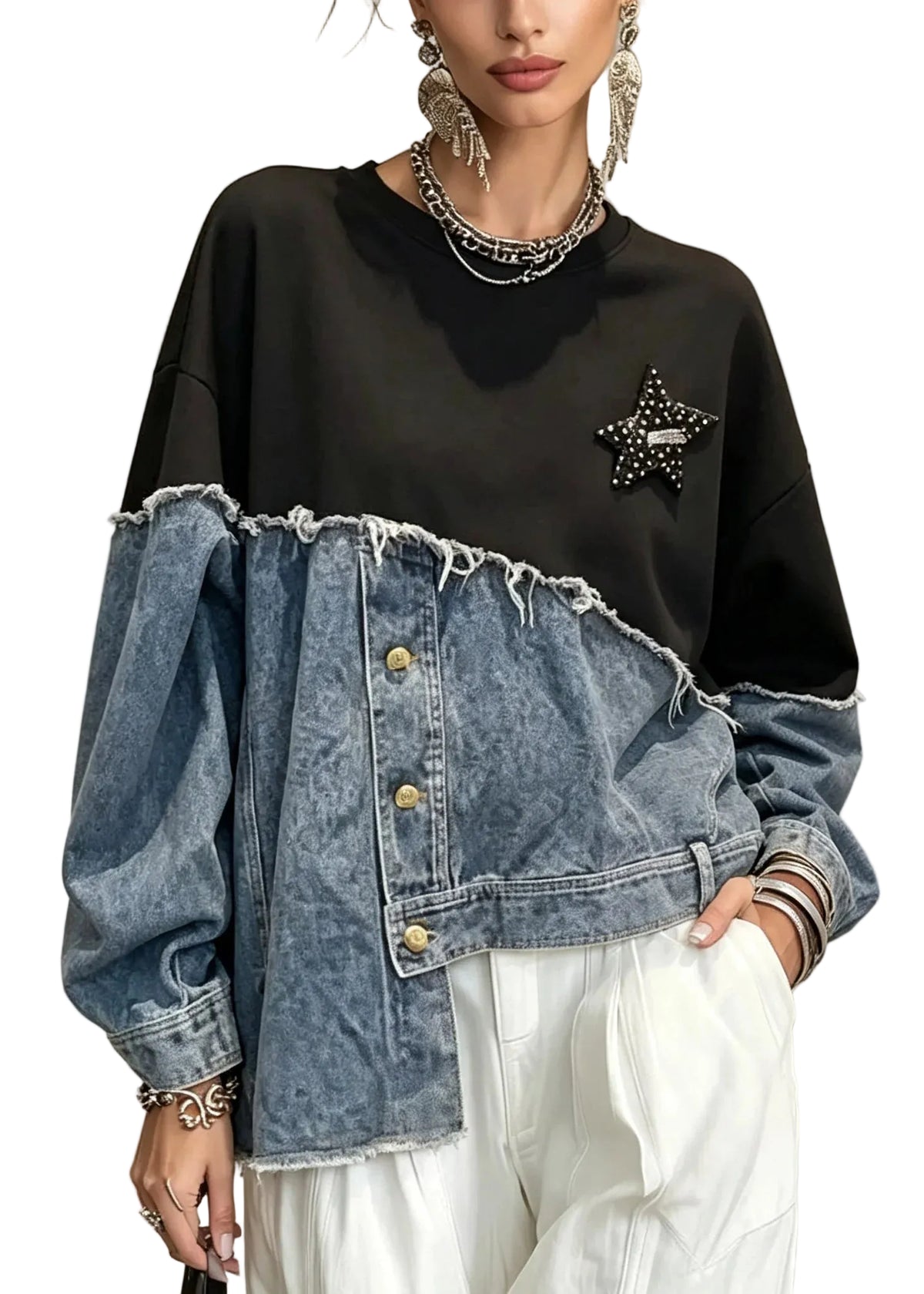 Dames Sweatshirt Asymmetrisch Patchwork Met Knoopsluiting 0
