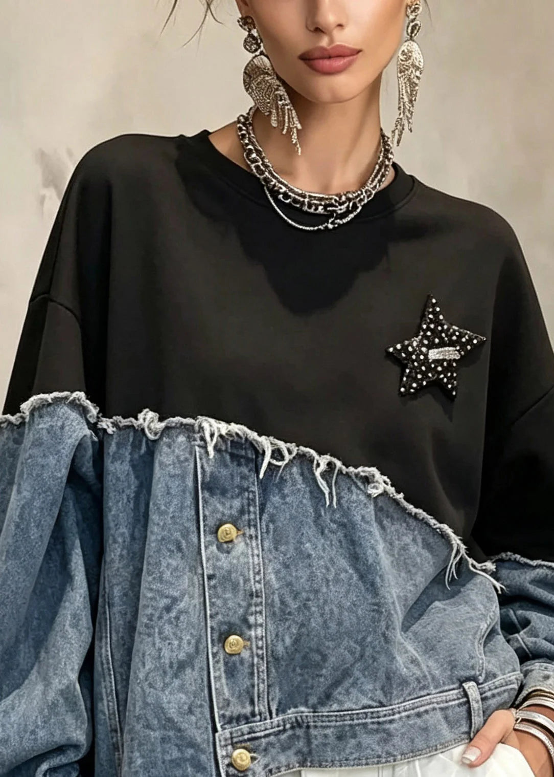 Dames Sweatshirt Asymmetrisch Patchwork Met Knoopsluiting 1