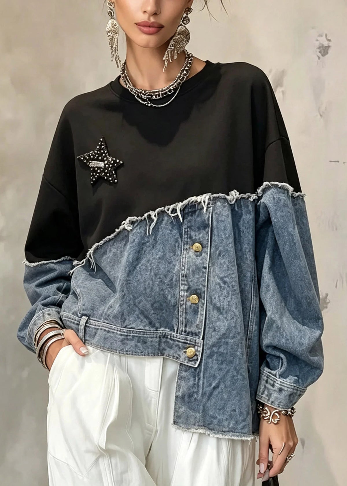 Dames Sweatshirt Asymmetrisch Patchwork Met Knoopsluiting 2