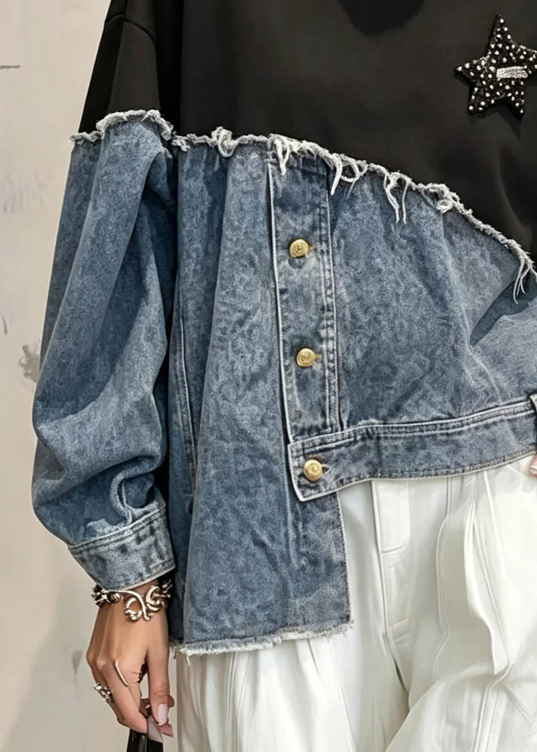 Dames Sweatshirt Asymmetrisch Patchwork Met Knoopsluiting 3
