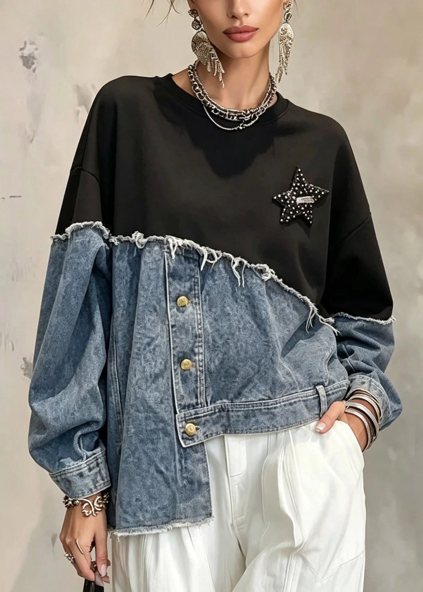 Dames Sweatshirt Asymmetrisch Patchwork Met Knoopsluiting 4