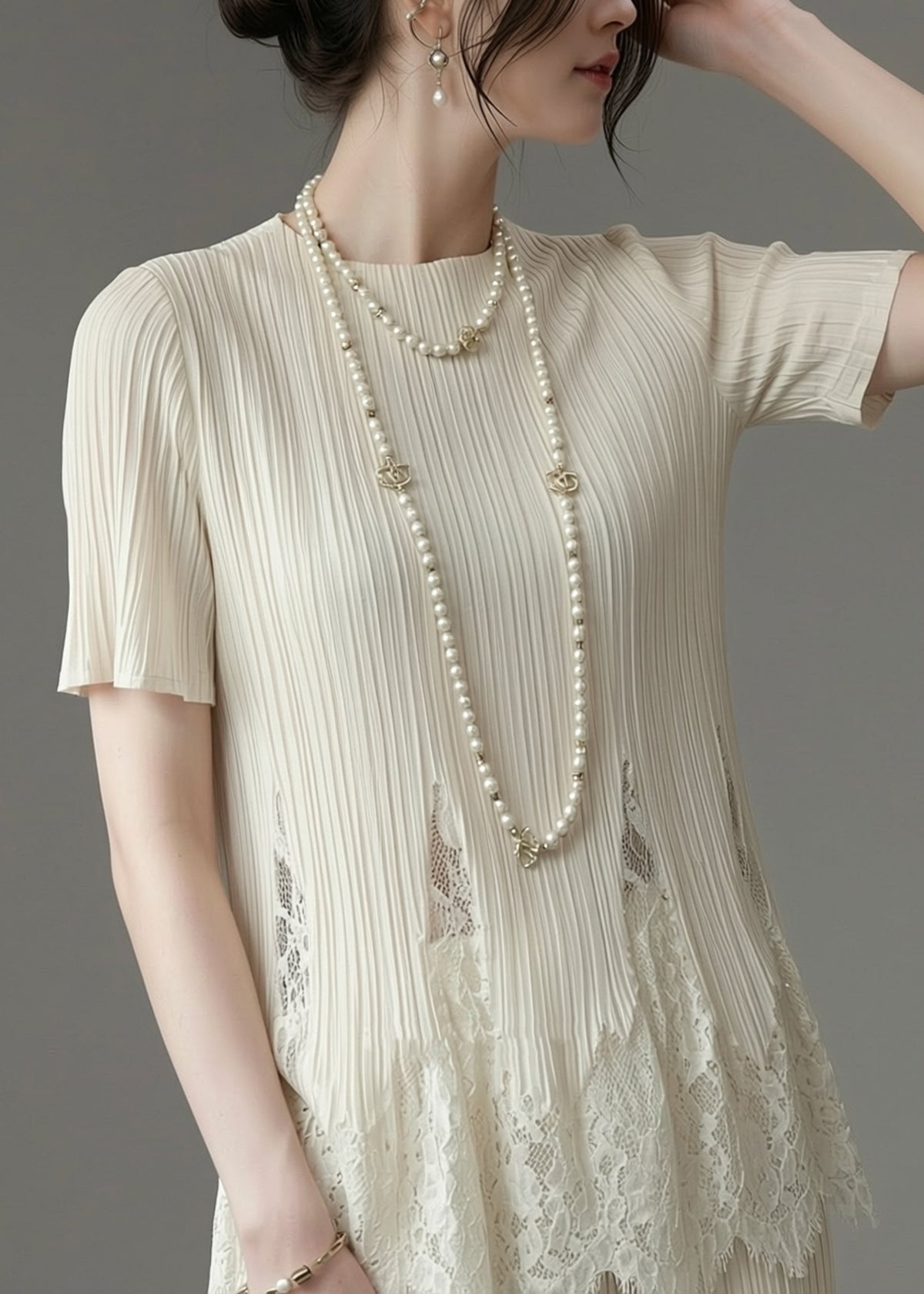 Dames T-shirt O-hals met Kanten Details 3