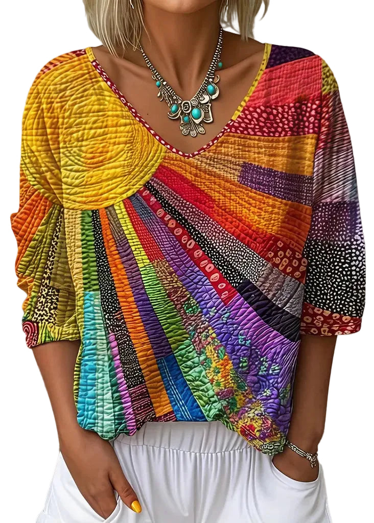 Dames T-shirt V-hals Bohemian Print 0