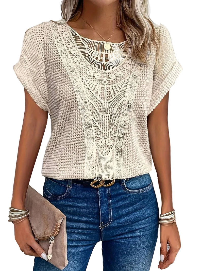 Dames T-shirt met Kanten Details en Ronde Hals 0