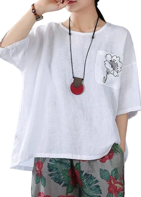 Dames T-shirt met O-hals en borduursel casual zomerstijl 0
