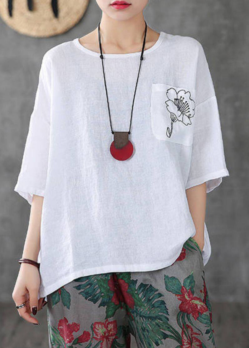 Dames T-shirt met O-hals en borduursel casual zomerstijl 4