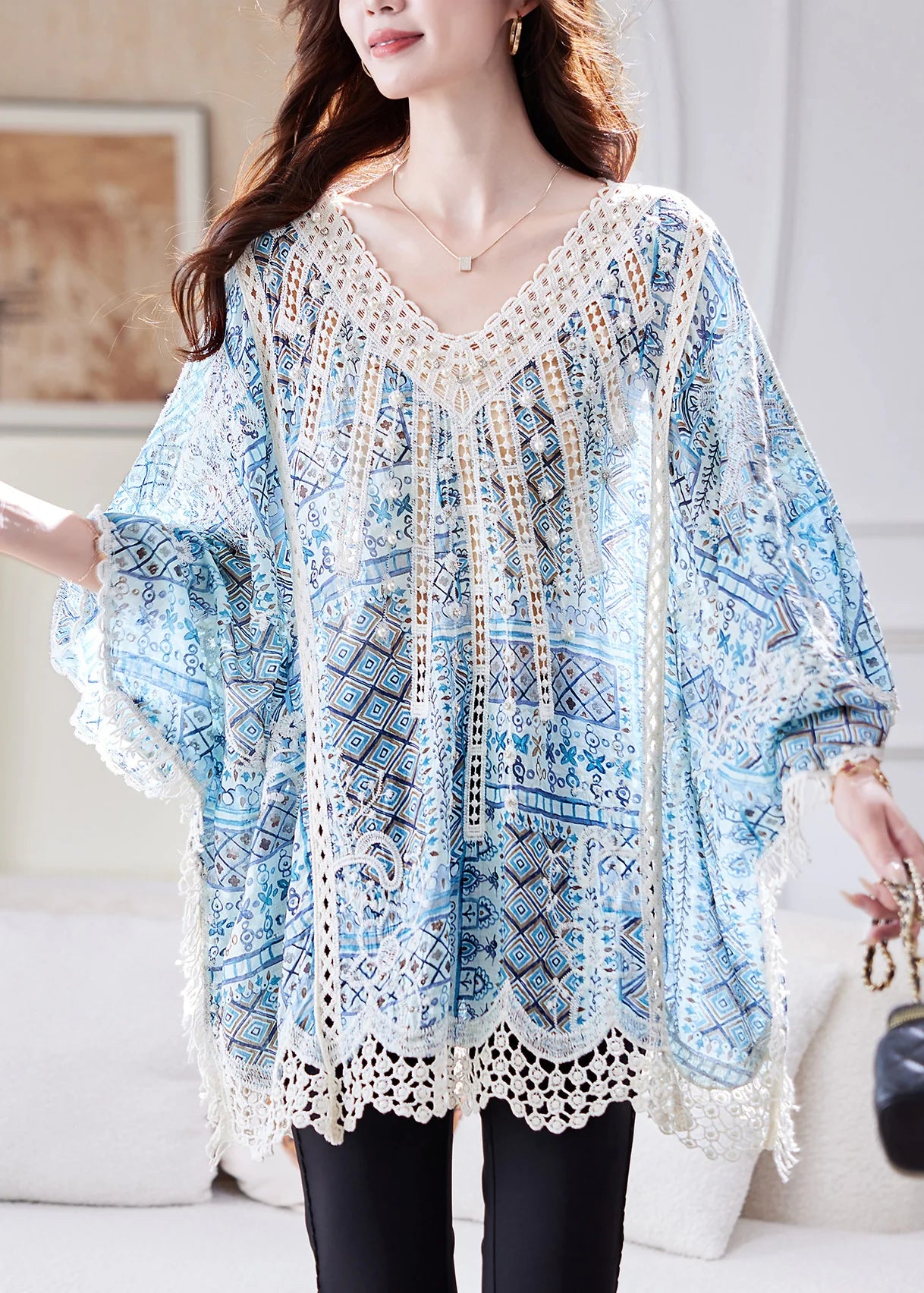 Dames Tanktop Losse Pasvorm Met Patchwork Kant En Vleermuismouwen 2