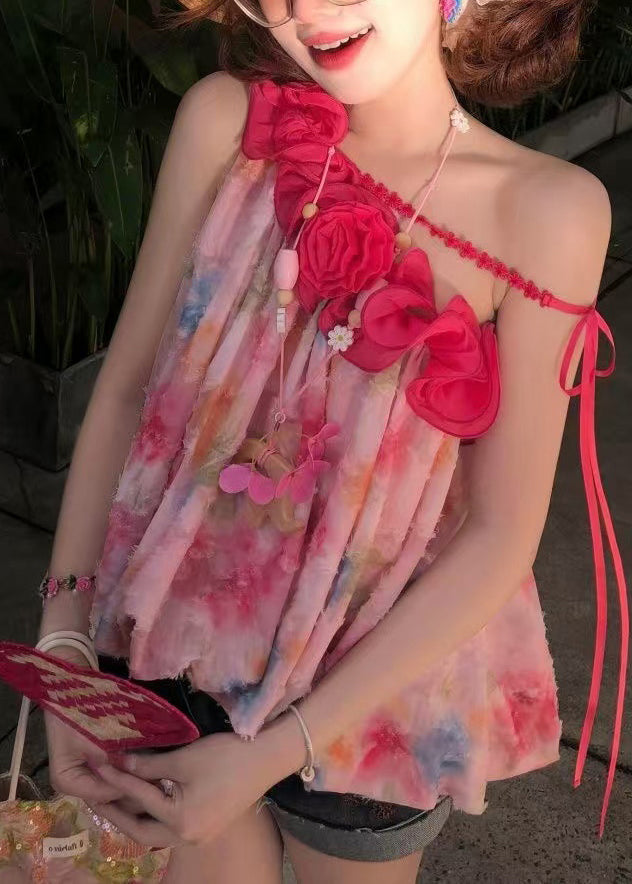 Dames Tanktop Mouwloos Met Eén Schouder En Bloemenprint 0