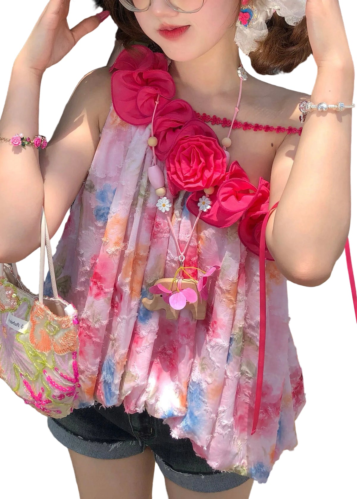 Dames Tanktop Mouwloos Met Eén Schouder En Bloemenprint 1