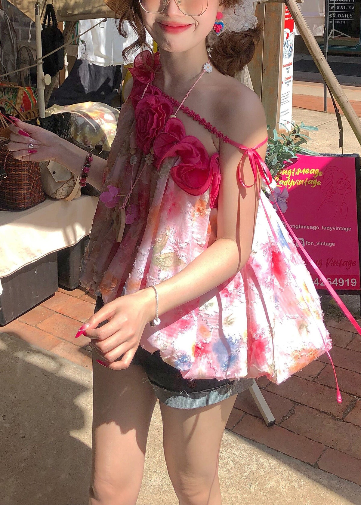 Dames Tanktop Mouwloos Met Eén Schouder En Bloemenprint 2