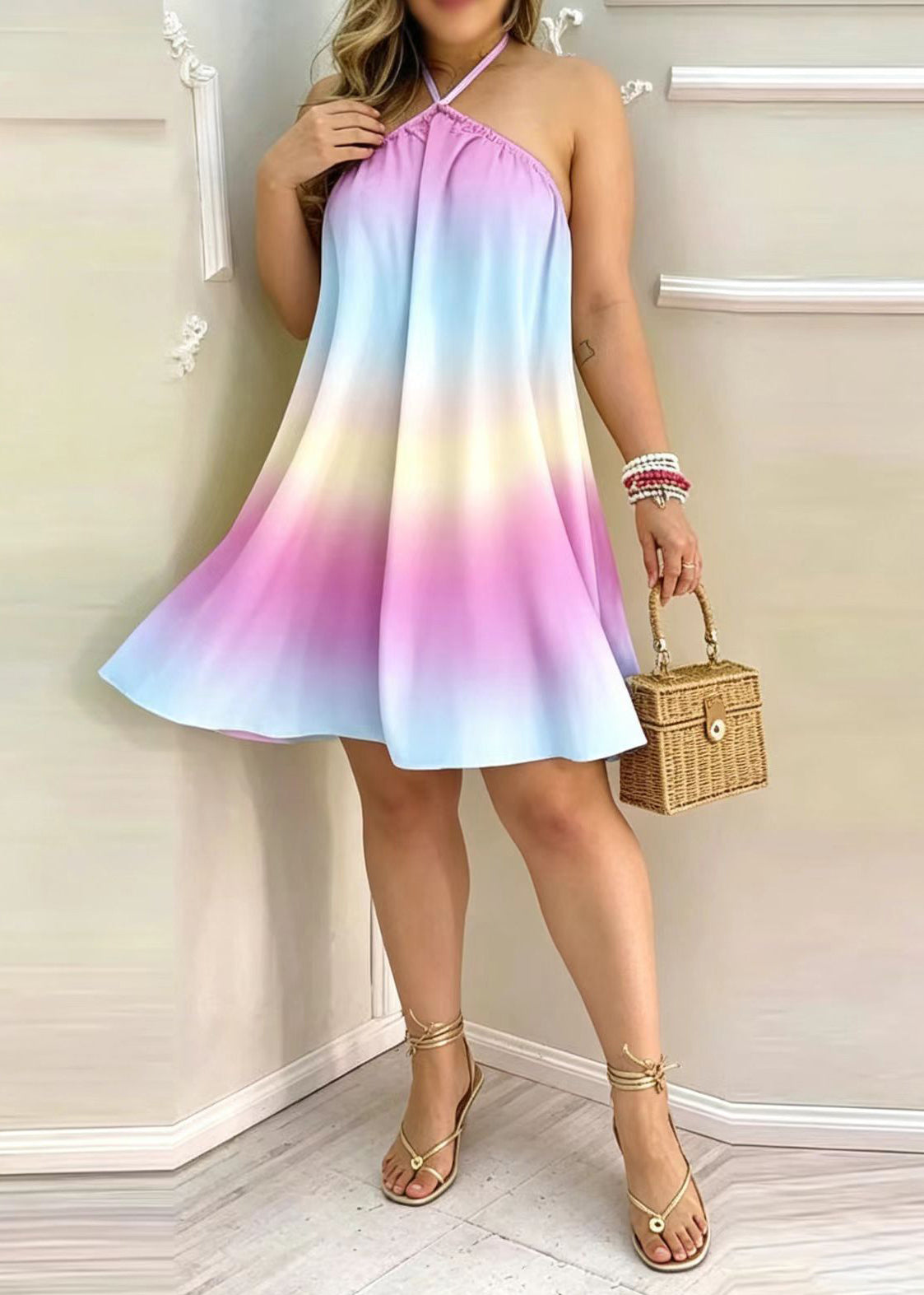 Dames Theejurk Mouwloos Backless Met Regenboogprint 1