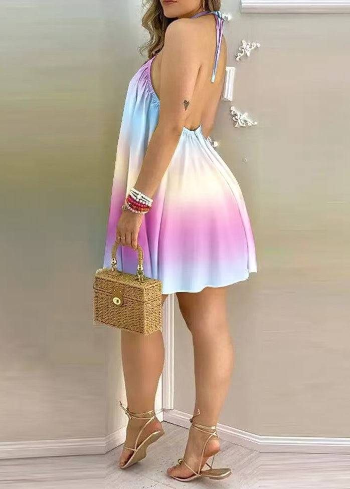 Dames Theejurk Mouwloos Backless Met Regenboogprint 3