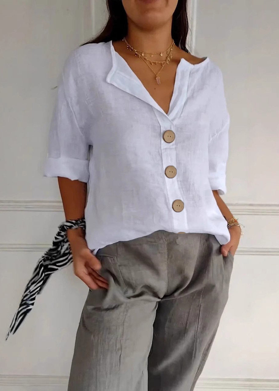 Dames Top Boho V-hals Patchwork Knoop Zomerstijl 1