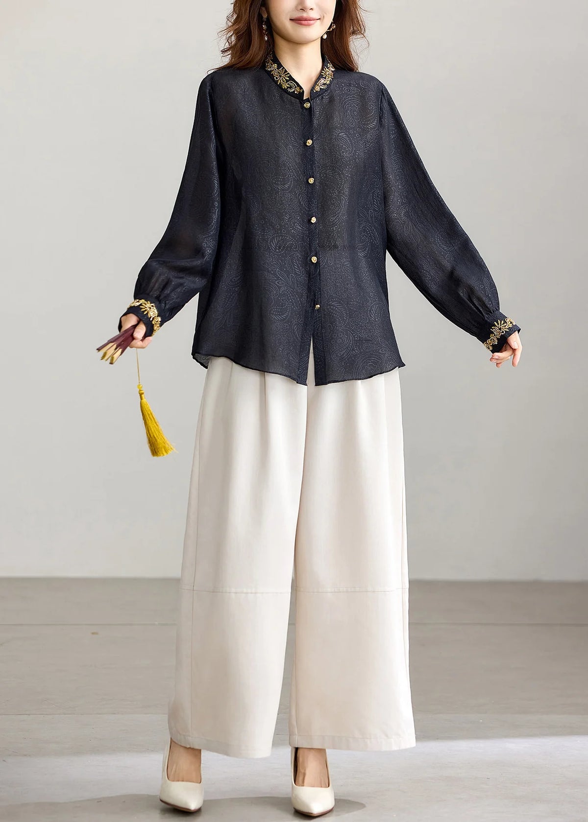 Dames Top Mandarijnkraag Met Sierkralen Herfststijl 4