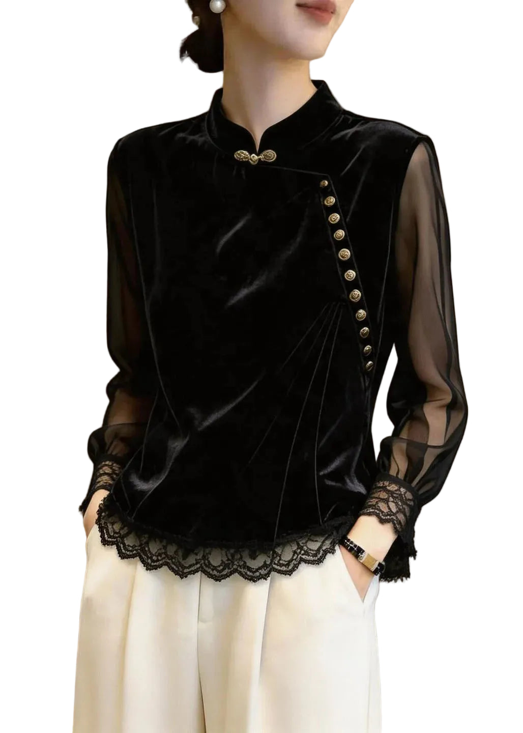 Dames Top Met Opstaande Kraag En Kanten Patchwork 0