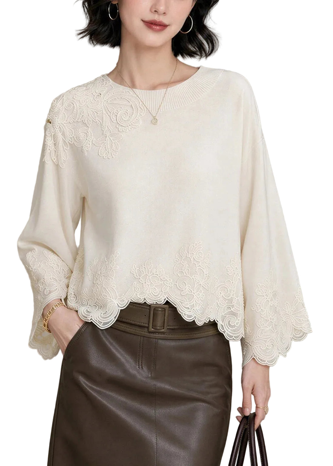 Dames Top Patchwork Geborduurd Kant Herfststijl 0