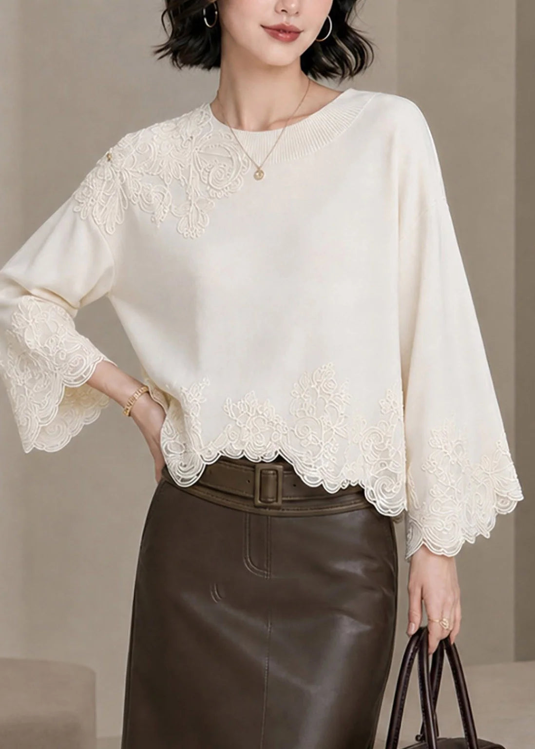 Dames Top Patchwork Geborduurd Kant Herfststijl 3
