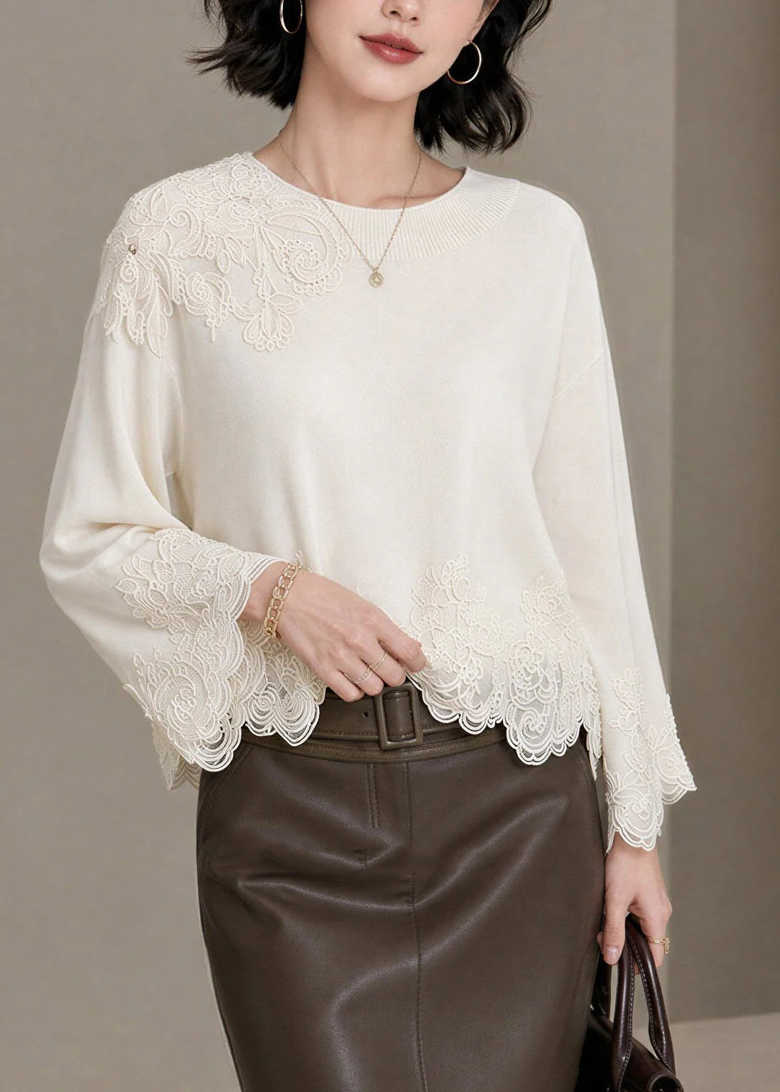 Dames Top Patchwork Geborduurd Kant Herfststijl 4