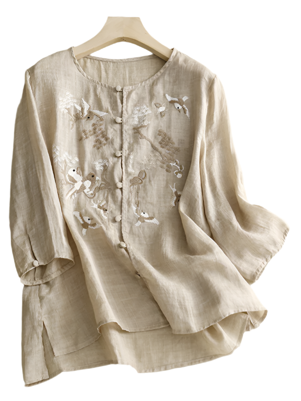 Dames Top Retro Linnen Ronde Hals met Dunne Splits 0