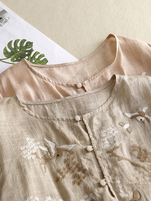 Dames Top Retro Linnen Ronde Hals met Dunne Splits 1