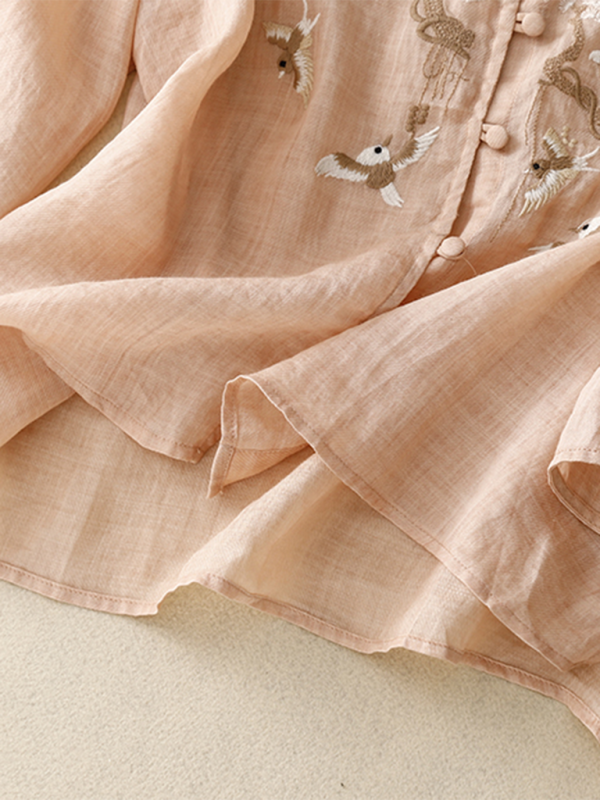 Dames Top Retro Linnen Ronde Hals met Dunne Splits 3