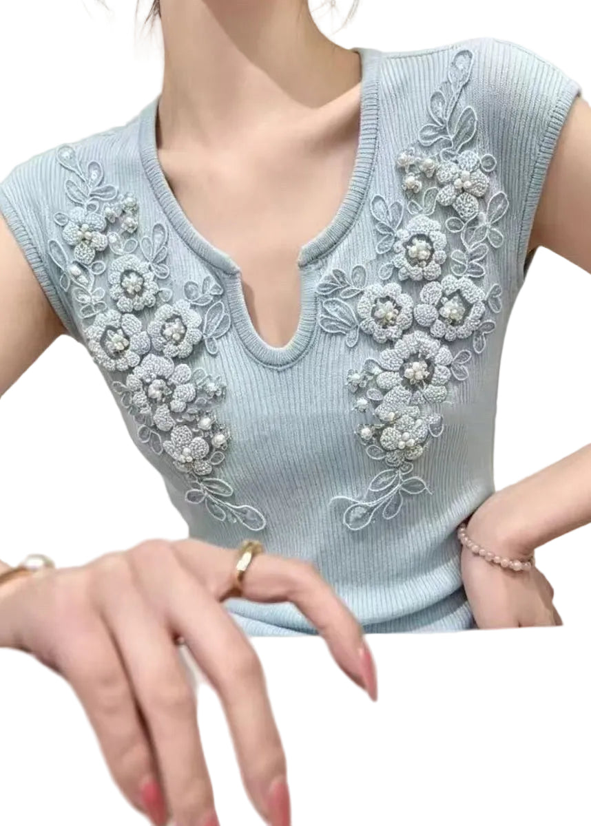 Dames Top V-hals Met Bloemenspijkerkralen Stylish Casual Blouse 0