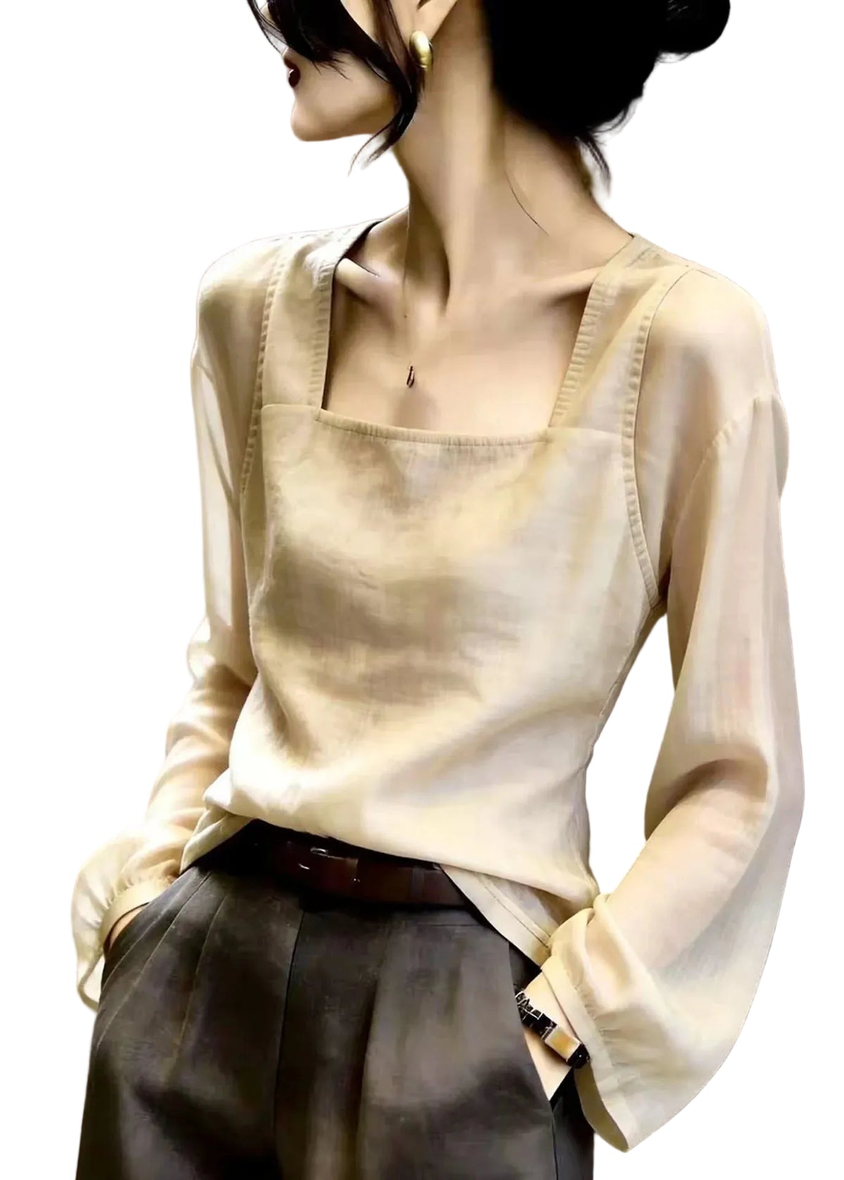 Dames Top Vierkante Kraag Patchwork Herfststijl 0