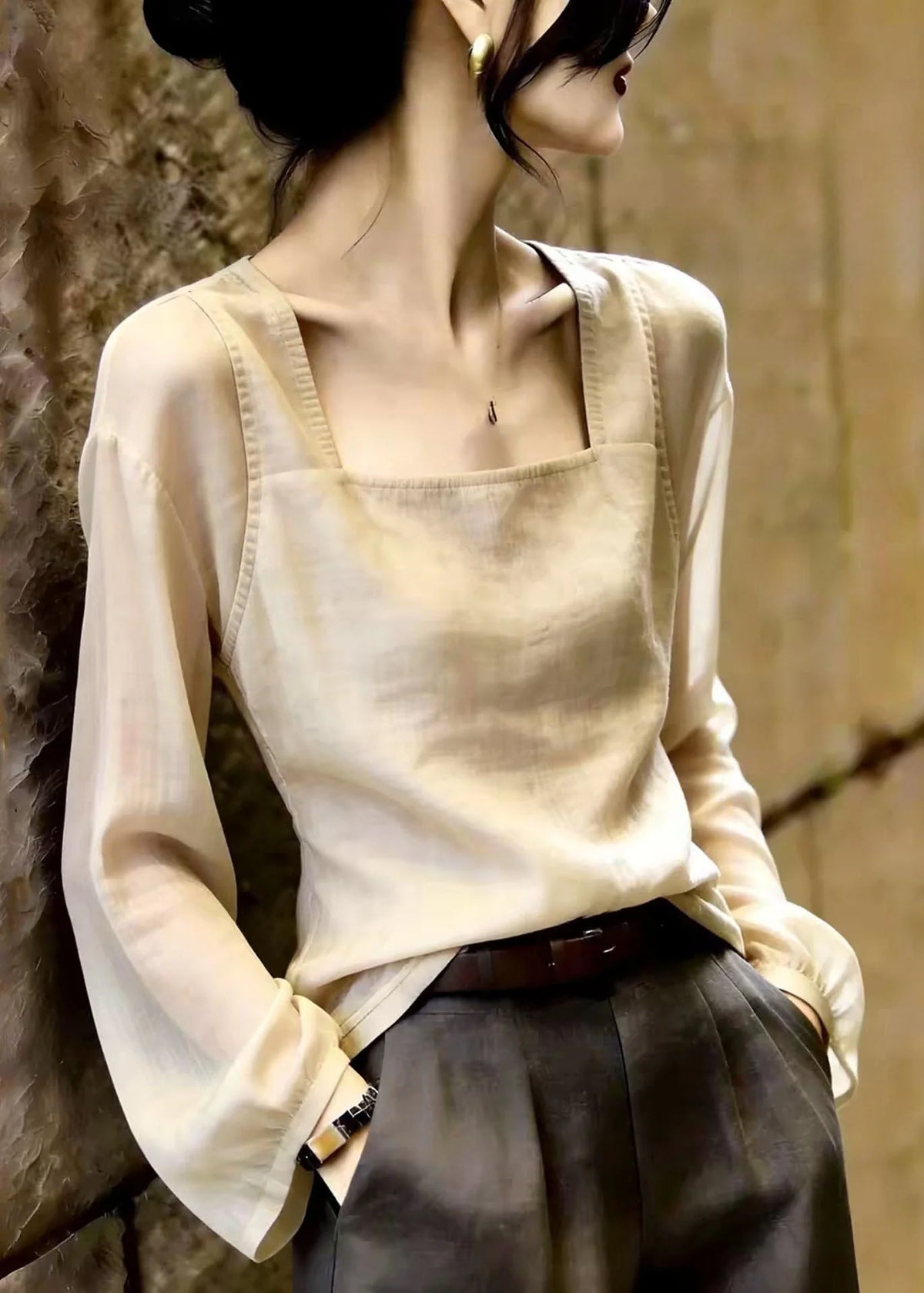 Dames Top Vierkante Kraag Patchwork Herfststijl 2