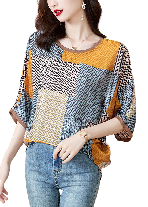 Dames Top met O-hals en Halve Mouw in Print Patchwork 0