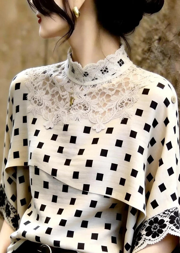 Dames Top met Opstaande Kraag en Geruite Kanten Patchwork 1
