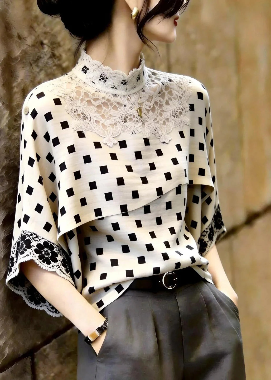 Dames Top met Opstaande Kraag en Geruite Kanten Patchwork 2
