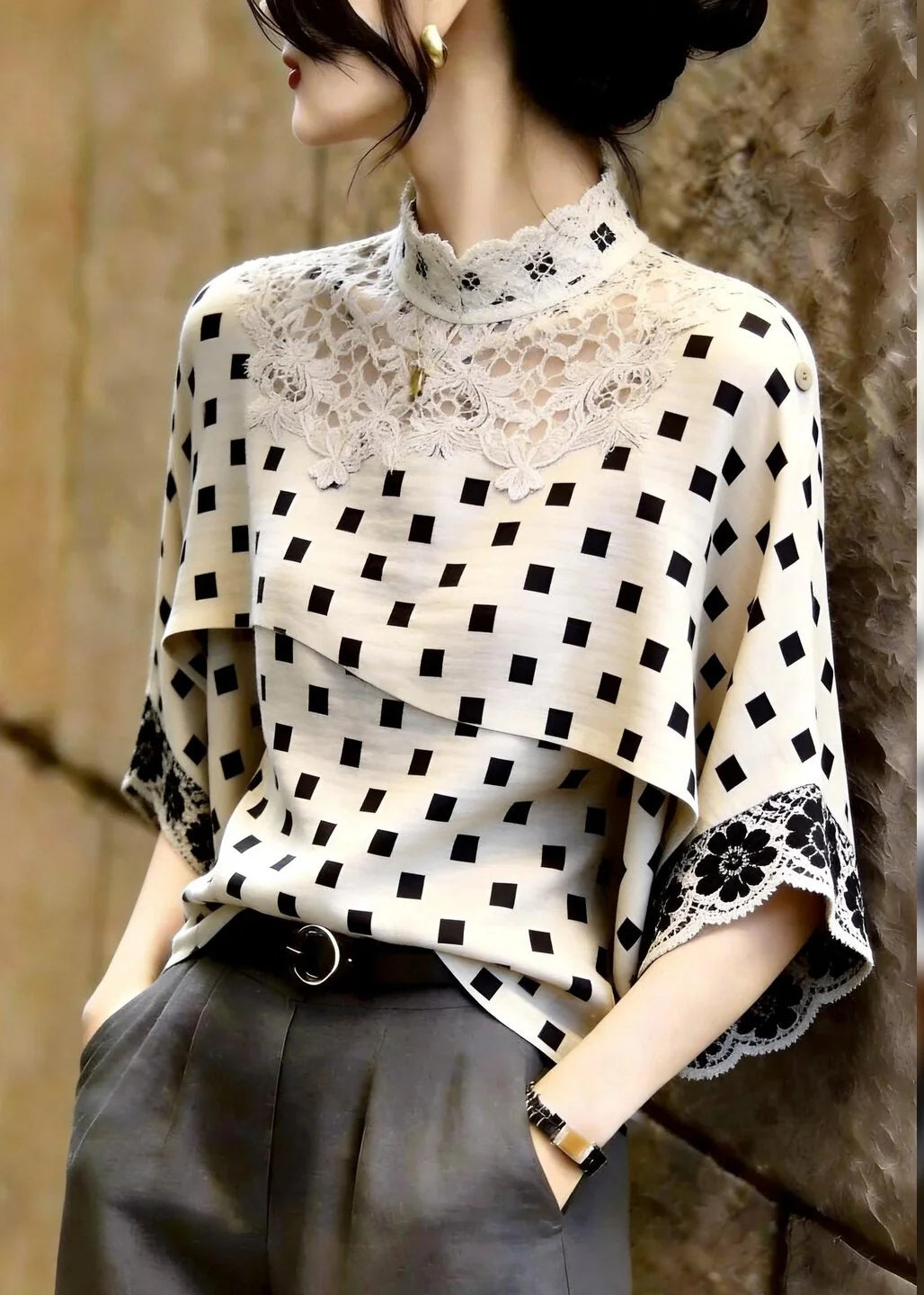 Dames Top met Opstaande Kraag en Geruite Kanten Patchwork 4
