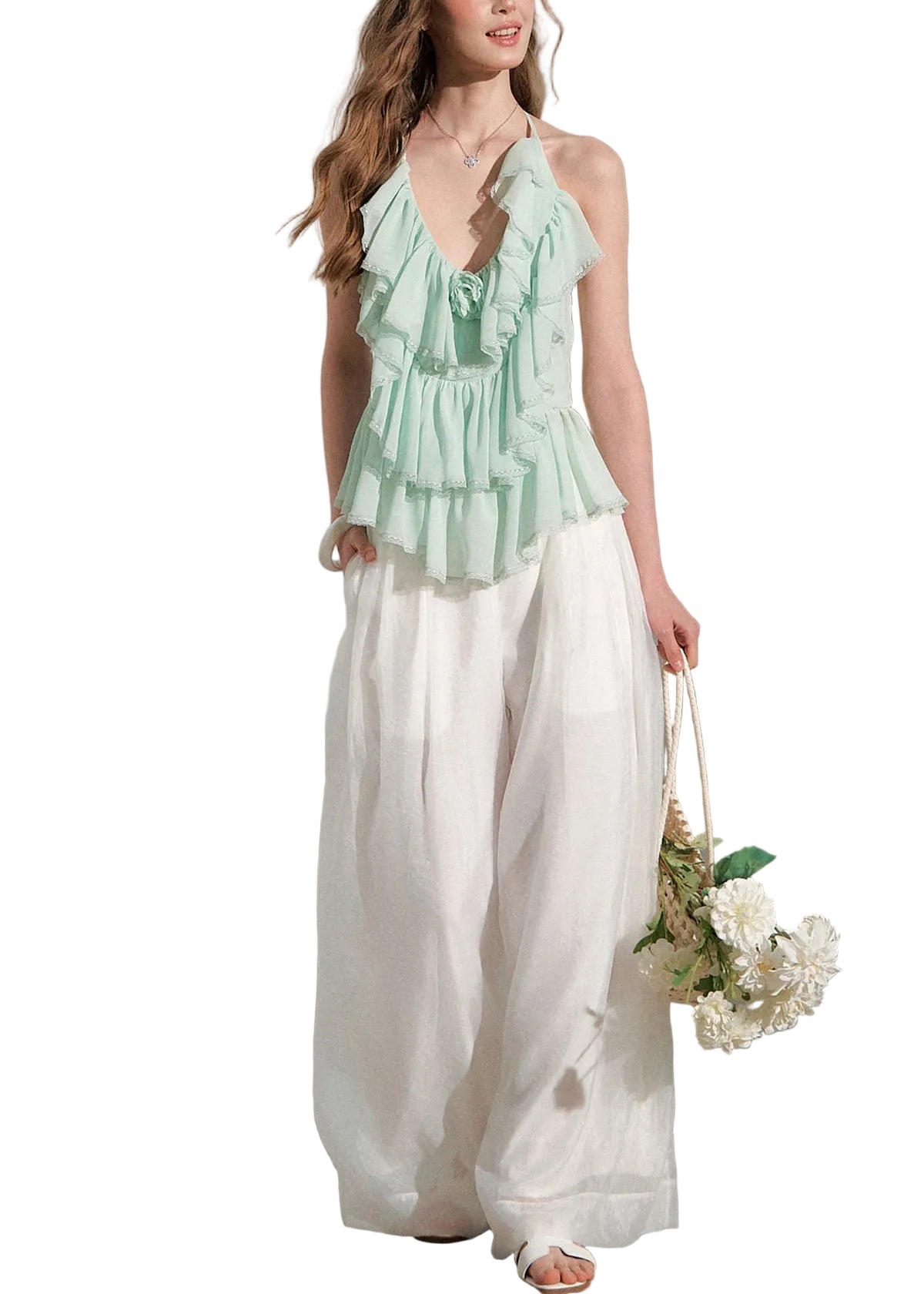 Dames Top met Ruches en Wijde Broek Set Zomerse Stijl 0