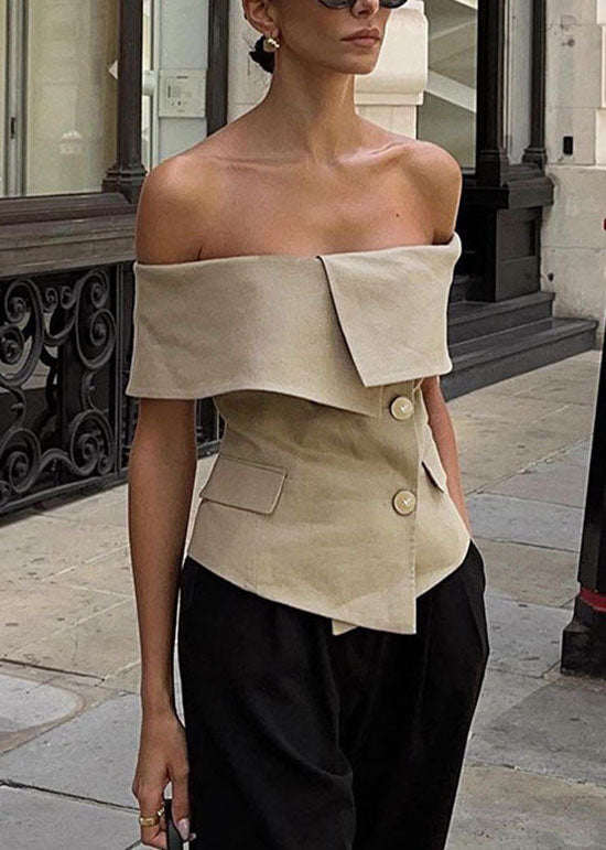 Dames Top met Schuine Hals en Koude Schouderknopen Zomerstijl 1